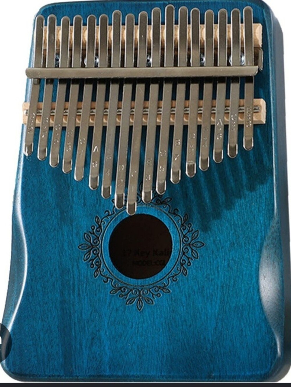 Kalimba Thumb Piano — Teal Wood Finish.  This blue 17-key Hluru mahogany kalimba